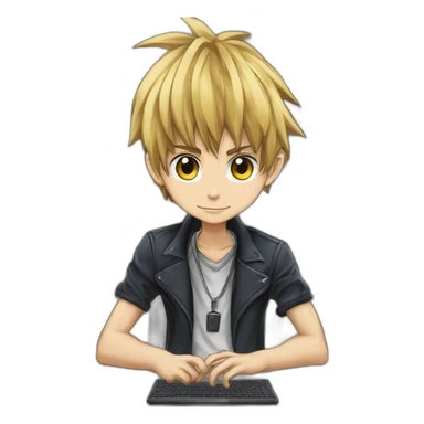 developer behind his laptop with this style :  yu-gi-oh manga anime with hacker themed character sticker