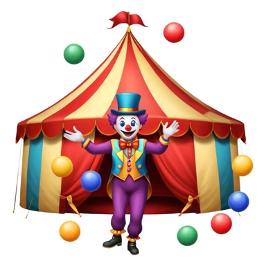 Icon for Circus Arts: a circus tent with a performer juggling colorful balls, a unicyclist, and a clown. The icon should convey the excitement and fun of circus performances, with emphasis on skill, acrobatics, and entertainment. Transparent background. sticker