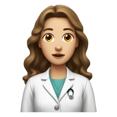 Women with surprised face with wavy long brown hair, with small brown eyes and very high eyebrows , wearing lab coat  sticker