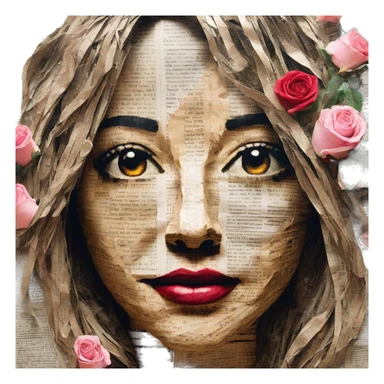 Person face portrait made entirely of newspaper cuttings and roses sticker