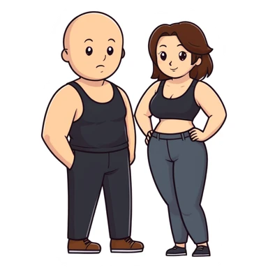  One Caucasia woman with brown hair and big boobs,  a black tank top and pants with her hand in the pants of a bald man sticker
