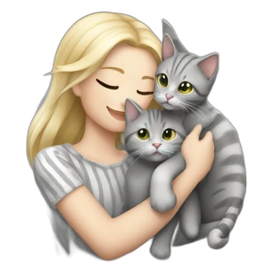 A blond whit hirl with som silver roundglasess is hugging a grey stripet cat and there ar alot of harts sticker