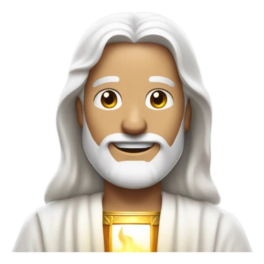 Jesus smiling with flame emojis over his eyes and white hair and white beard. White robe and simple golden sash sticker