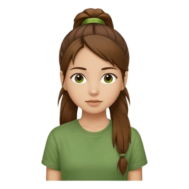 Make a zumba coach emoji, brown eyes, brown hair girl, green shirt withe "the roots" on it, longer pony tail hair sticker