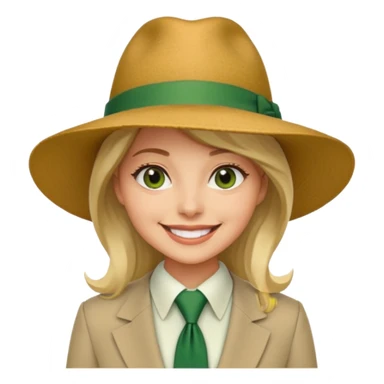Woman in wide-brim hat & green tie sticker