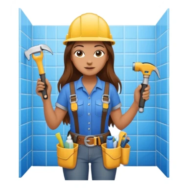beautiful girl with long brown hair constructing new bathroom area with new shower and amenities  sticker