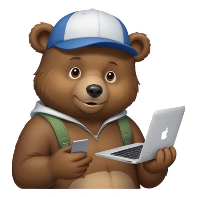 Bear wearing a cap and holding a MacBook in one hand and in the other texting on an iPhone sticker