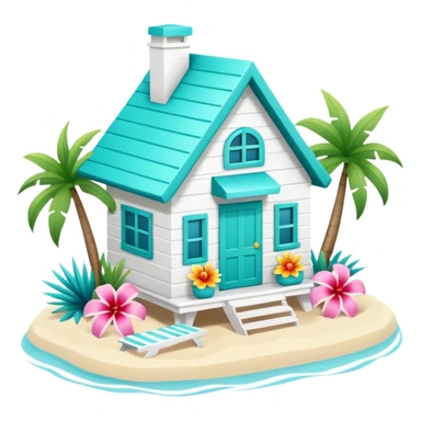 cute beach house, turquoise and white, colorful details, tropical flowers, 3D cartoon, mobile game icon style, clean background, no text, no watermark
 sticker