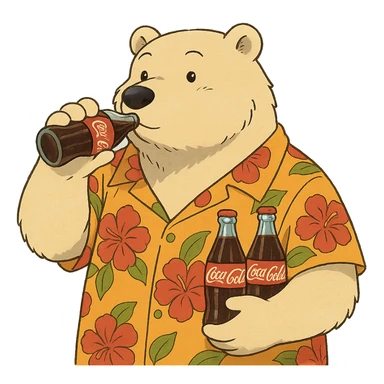ghibli style polar bear in a Hawaiian shirt with Coke bottles, drinking Coca-Cola sticker