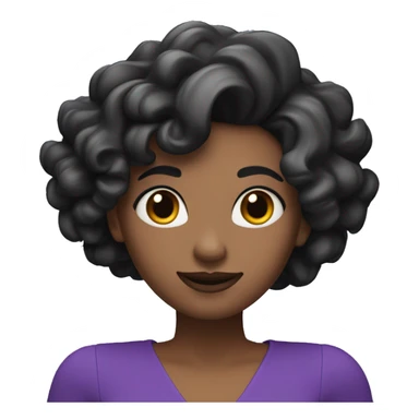 And a 3D illustration of a female character with long medium curly black hair smiling wearing lipstick round face black eyes animated. The character must wear a long-sleeved purple blouse. sticker