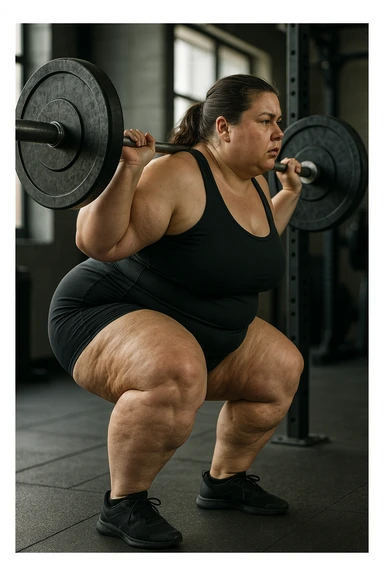 donna grassa con lipedema alle gambe che fa uno squat di profilo con bilanciere, IPERREALISTICA 4K sticker