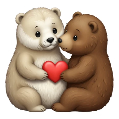 small white seal kissing a big brown bear with a heart between them sticker