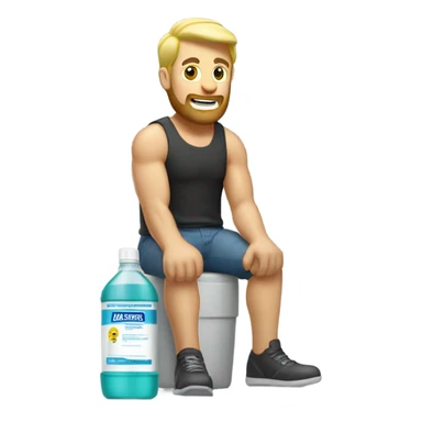 Buff man with blonde short hair and a medium length blonde beard riding on top of a giant bottle of listerine sticker