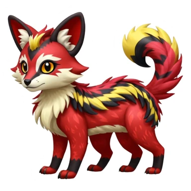 Futuristic sanguine-red banana-yellow black chevron-marked furry fluffy floofy feathery tribal marked Genet-Absol-Kyurem-Zeraora-Primagen-fusion-creature  sticker