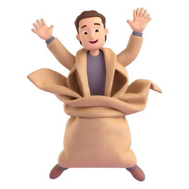3D style cartoon man jumping in a burlap sack, holding sack with both hands, joyful, minimal background sticker