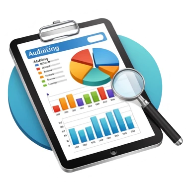 Checking and auditing estimate documents with search icon and infographic chart sticker