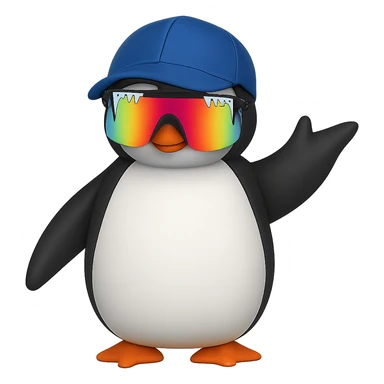 Add Pit Viper style sunglasses to the waving penguin with a baseball cap. Remove the background. Maintain the original style and look of the penguin. sticker