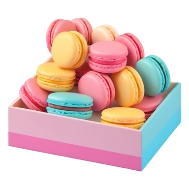 a box of macarons with geometric patterns, pastel colors, glossy finish, modern and stylish, iOS 3D emoji style sticker