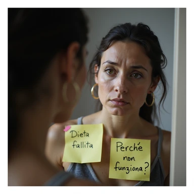 adult woman, photorealistic, close-up in front of mirror, post-it notes on mirror with writings 'Dieta fallita' and 'Perché non funziona?', sad expression, natural light, bathroom background sticker