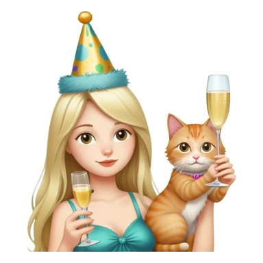 Long-haired girl holding a cat and drinking champagne sticker