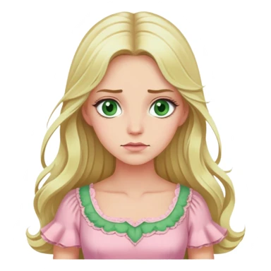 blonde with long hair and swamp eyes in a pink pastel dress, thoughtful sticker
