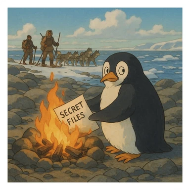 ghibli style penguin on a rocky polar shore, burning secret files in a campfire, looking over shoulder anxiously; distant horizon, two people with wolf sled, rifles, skis sticker