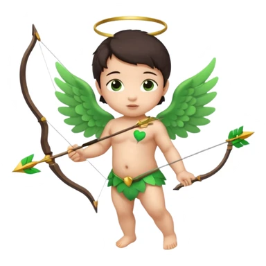 cupid asian baby flying full body with wings with brown eyes and dark hair handled bow and arrow directed to green emoji heart sticker