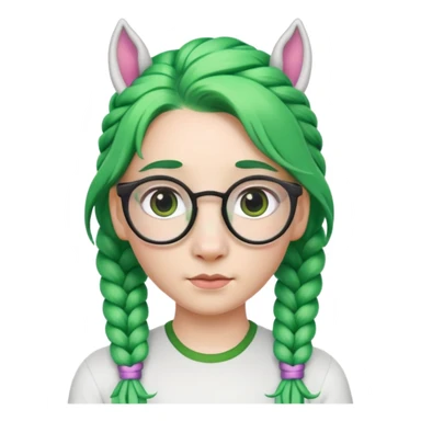 braided unicorn wiith big visible braids looking into the camera spectacled green hair and no ears sticker