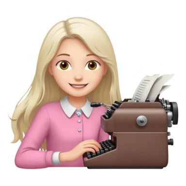 smiling white long brunette hair girl with hazel eyes wearing pink typing on a typewriter sticker