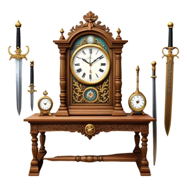 Icon for Antiques Collecting: a vintage clock, intricately carved furniture, famous paintings, antique swords, and rifles. The items are displayed on a wooden table or shelf. The icon should evoke the rich history and craftsmanship of antique collecting. Transparent background. sticker