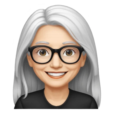 femme 60ans  avec de long cheveux blanc et des lunettes rectangles noir sourrir sticker
