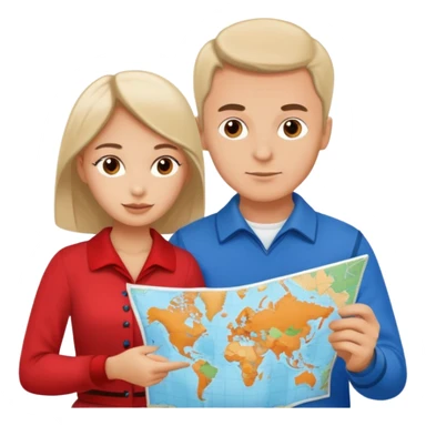 Russian man and elegant turkish girl in cute outfits with a map planning  sticker