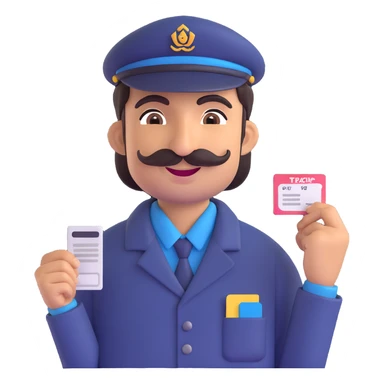 Pakistani bus conductor standing with ticket pouch, smiling, wearing shalwar kameez, mustache, energetic, South Asian features, plain background sticker