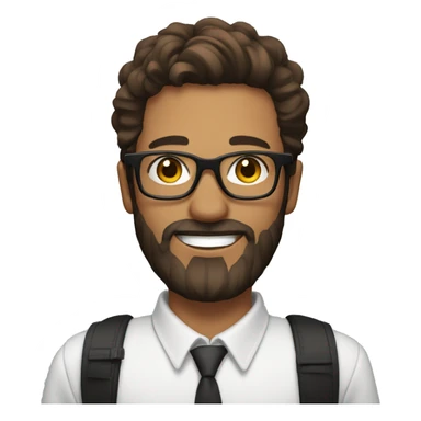 man with black round glasses, smiling, brown hair and beard and a side swept hairstyle, holding a cell phone sticker