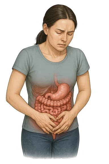 DONNA CON PANCIA DOLORANTE E INTESTINO UMANO ANATOMICO VISIBILE, ISOLATO SU SFONDO BIANCO sticker