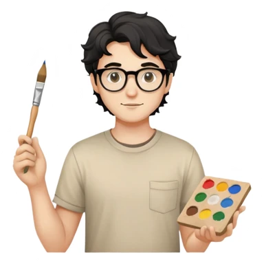 Young caucasian man with black wavy hair, round glasses, beige painting shirt, holding a square paintbrush sticker