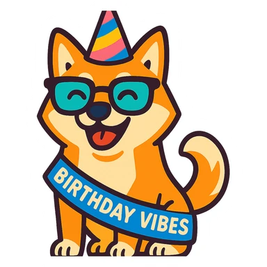 Shiba Inu wearing a "Birthday Vibes" sash and glasses, vibrant-toon style, transparent background sticker