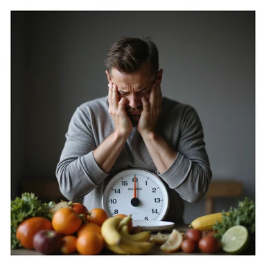 realistic 4K image of a man weighing himself on a scale, worried face, next to a pile of healthy foods, realistic atmosphere sticker