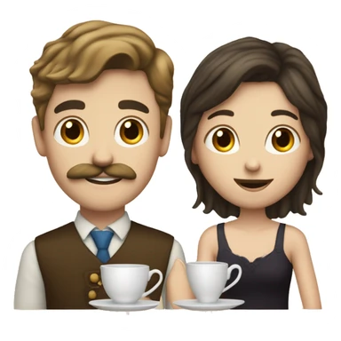 a white brunette girl and a white boy with dark blond hair and a mustache drinking together a cup of tea sticker