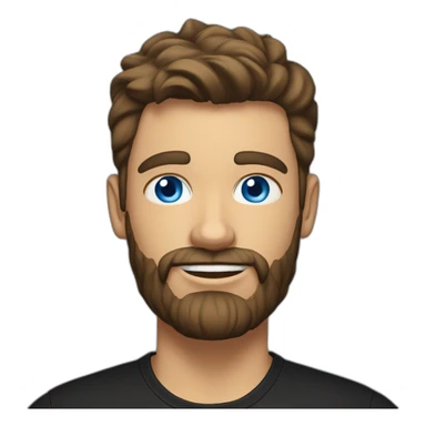 White man with a sun kissed tan and blue eyes. His hair is dark brown, styled sideways backwards. He has a beard and mustache trimmed. Wears s black t-shirt. sticker