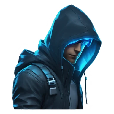developer behind his laptop with this style : crysis Cyberpunk Valorant neon glowing bright blue character blue black hooded assassin themed character sticker