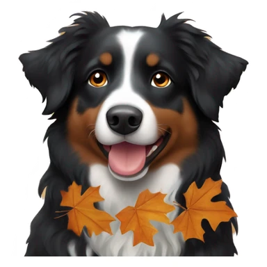 Small black australian shepherd dog wearing autumn leaves sticker