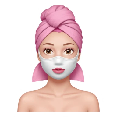 Clean girl influencer character, chest-up portrait, pink head towel, half-face facial mask, minimal self-care look, clean modern illustration sticker