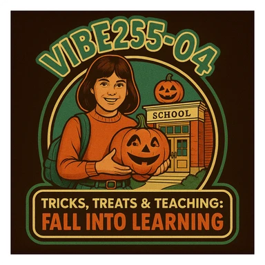 Create a logo that encompasses a retro 80's feel, nostalgic, ALSO RETRO.  Add the words "VIBE25-04: Tricks, Treats & Teaching: Fall Into Learning" sticker