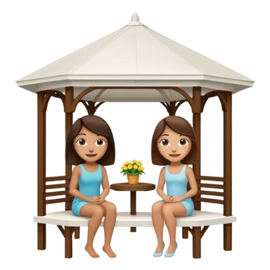 Two small brunette women sitting under a large white gazebo sticker