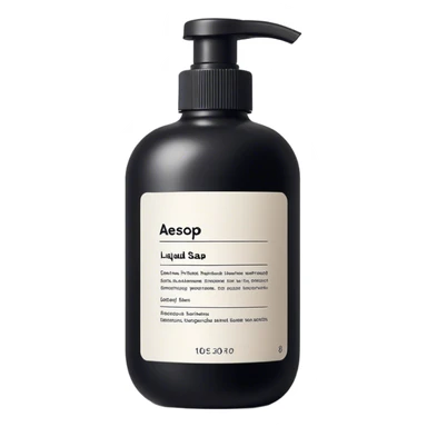 Liquid soap bottle by brand Aesop – black bottle with white label sticker