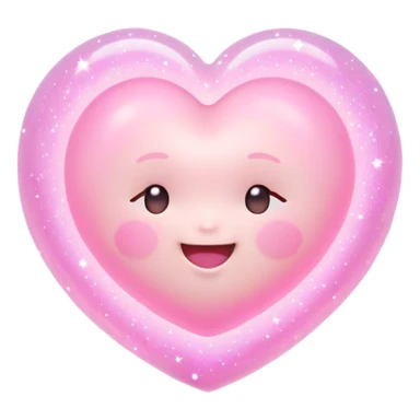 Cinematic floating soft heart, chubby round edges, pastel pink glow, tiny smiling face, surrounded by dreamy sparkles, gentle and loving. sticker