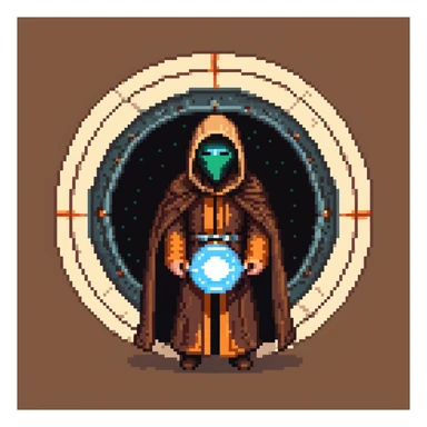 Cloaked figure with brown robe and sci-fi mask emerging from an energy portal sticker