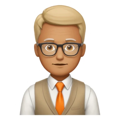 man in vest with orange tie, wearing glasses sticker