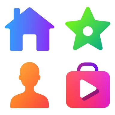 Colorful website navigation icons with vibrant gradients: home icon in blue, search icon in purple, menu icon in green, profile icon in orange, and settings icon in red sticker